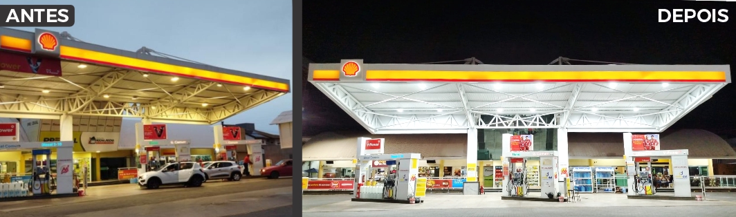 Antes e depois de iluminação de posto realizada pela Tech Comunicação Visual